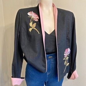 ☀️VINTAGE Jessica Howard rose floral chic black linen feminine blazer jacket